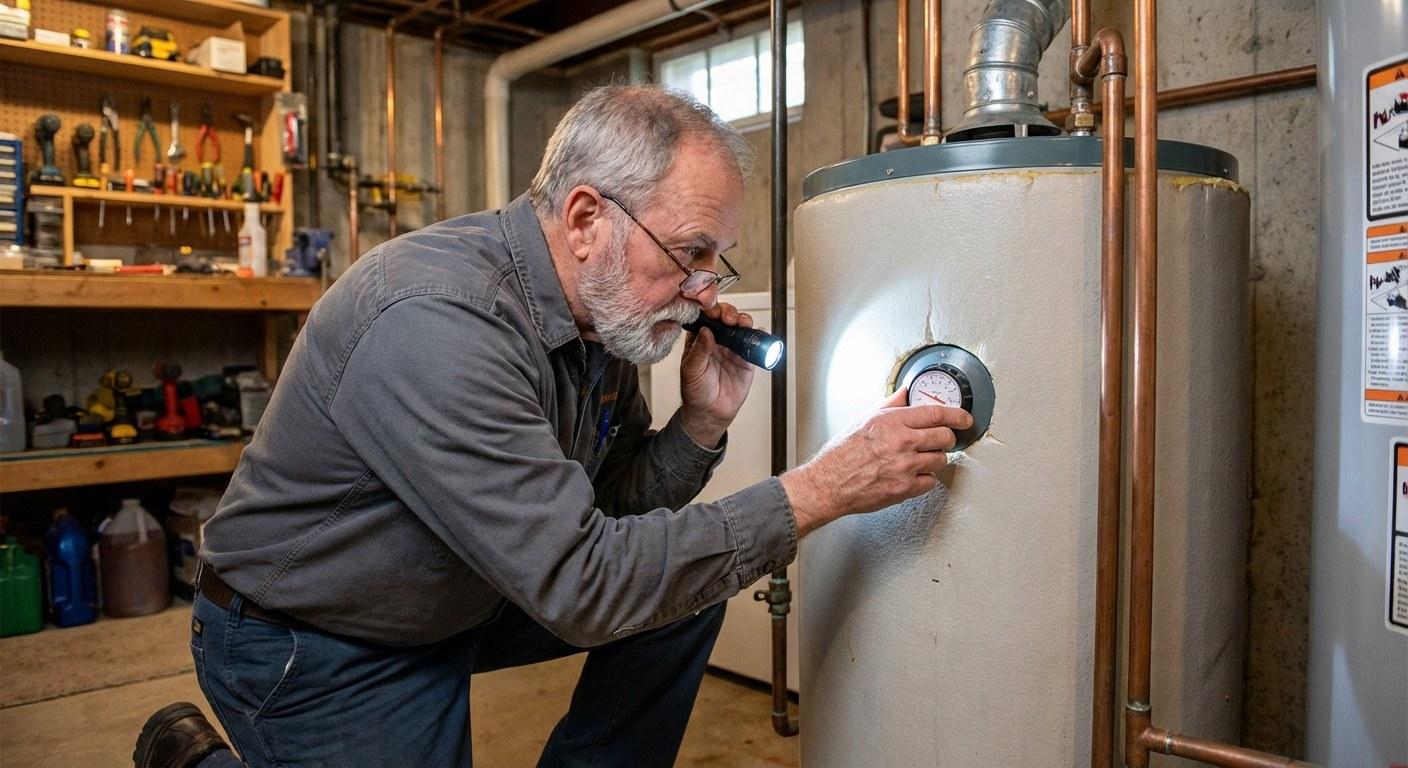 Homeowner adjusting the temperature dial on a water heater