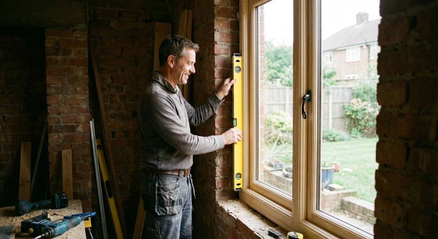 Homeowner checking a new window installation with a level