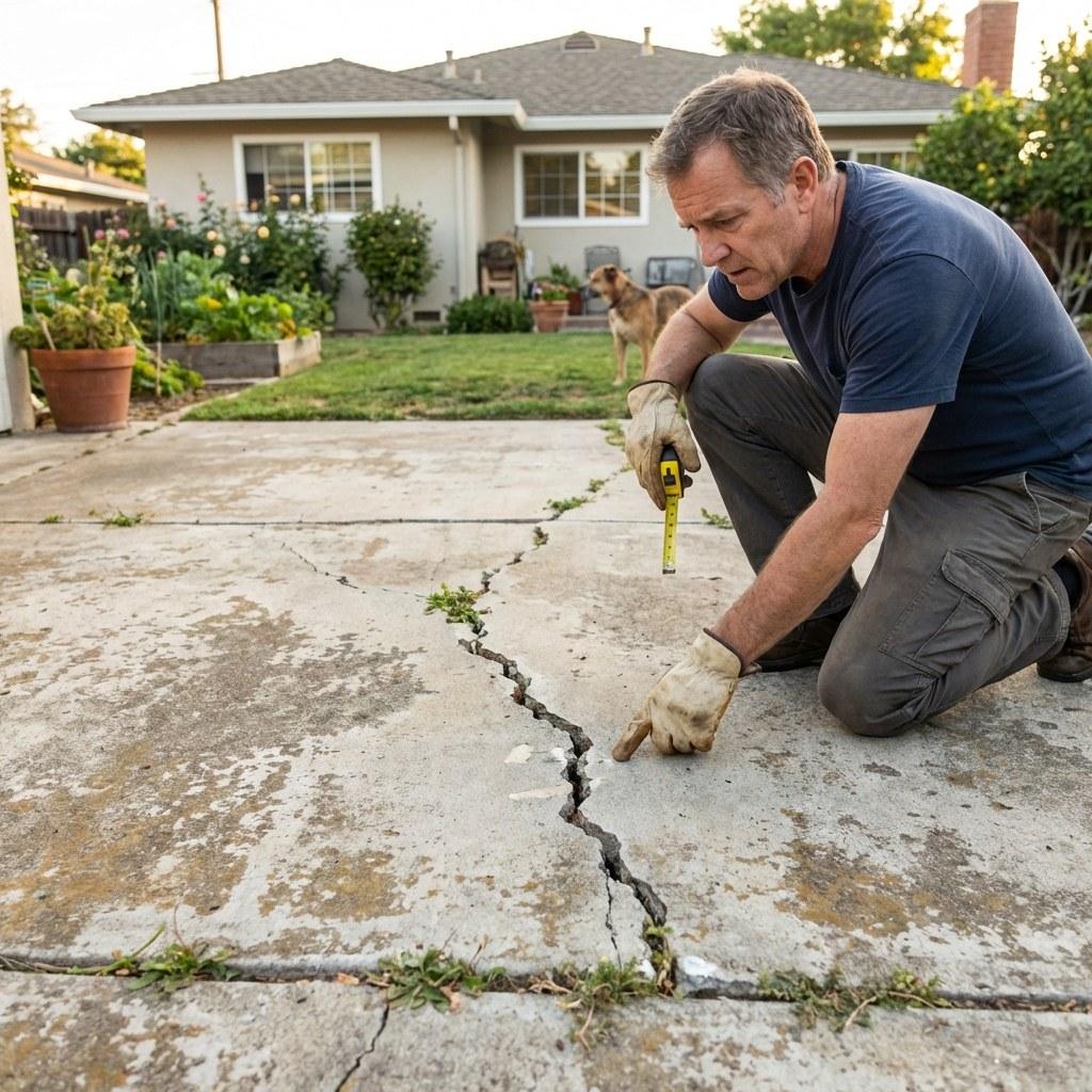 A person looking closely at a hairline crack on a concrete patio