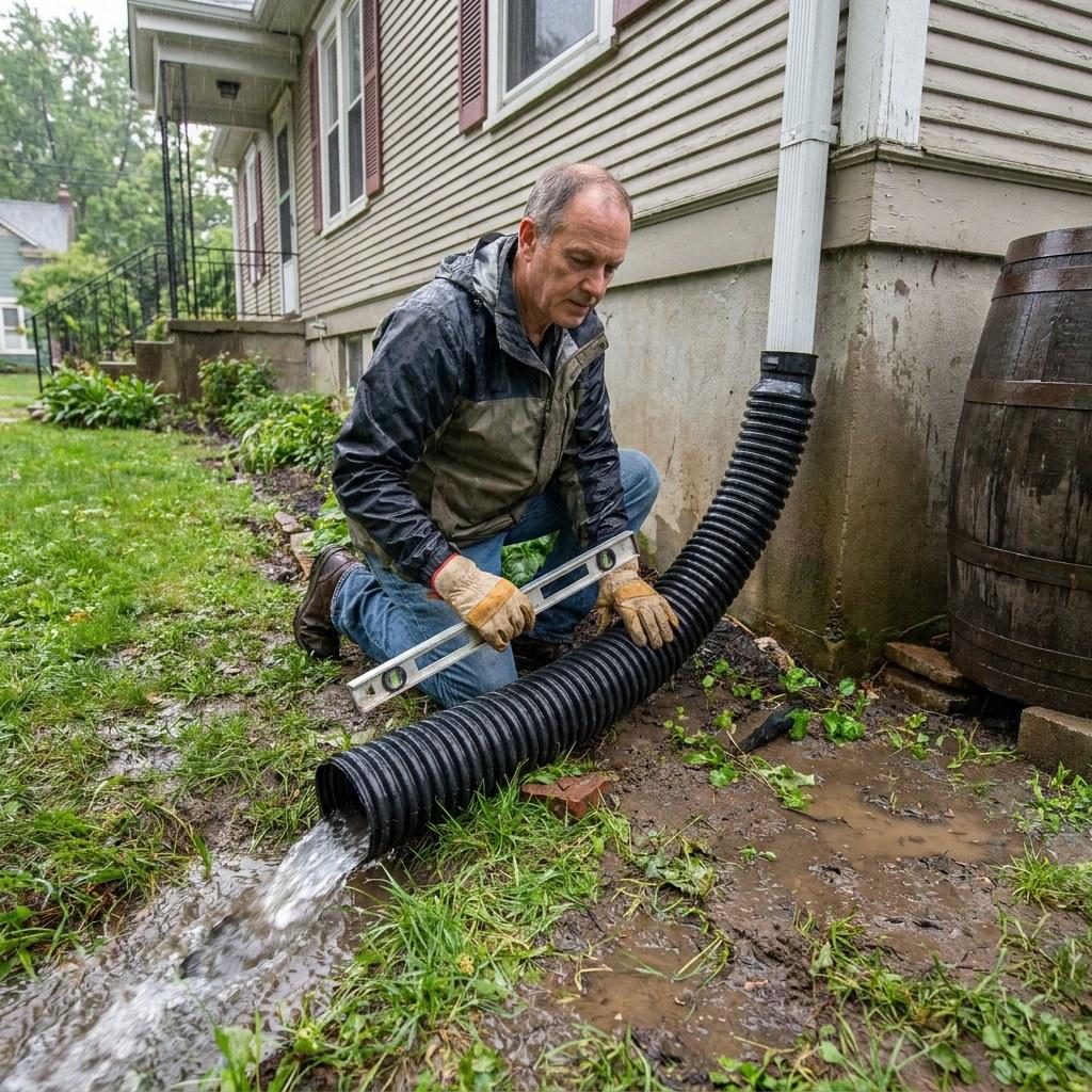 A downspout extension directing rainwater safely away from a residential concrete foundation