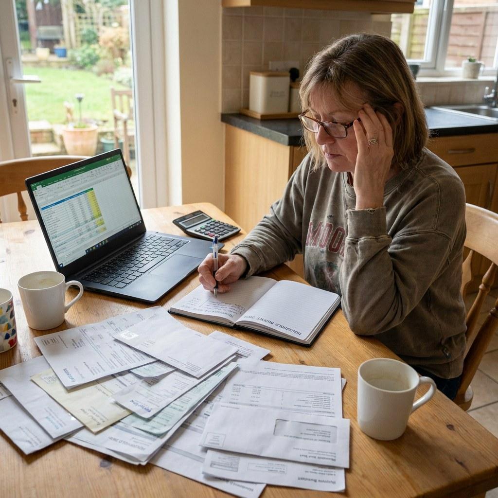 A homeowner sitting at a kitchen table reviewing monthly bills and home expenses with a notebook