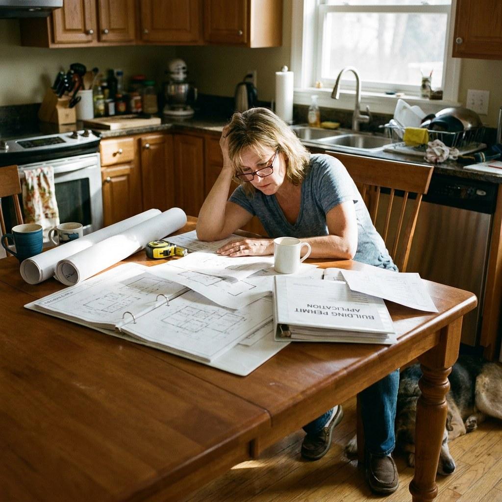 A homeowner reviewing architectural drawings and permit paperwork for a basement remodel