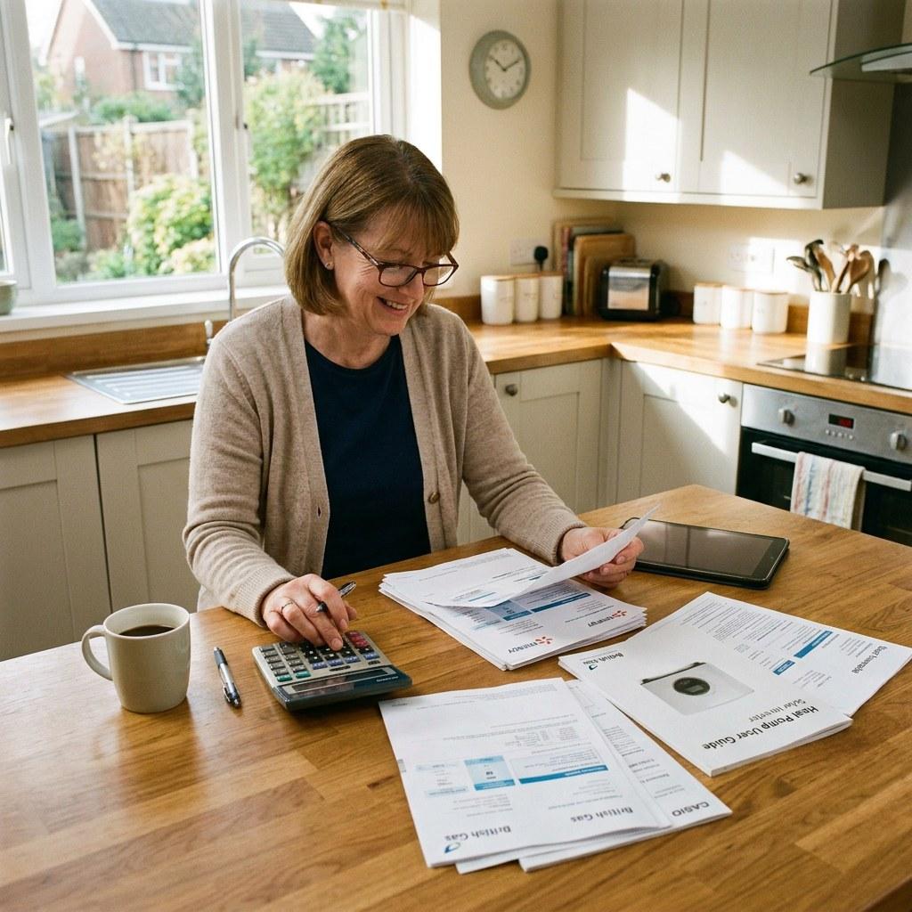 A homeowner reviewing HVAC paperwork and utility statements at a kitchen table