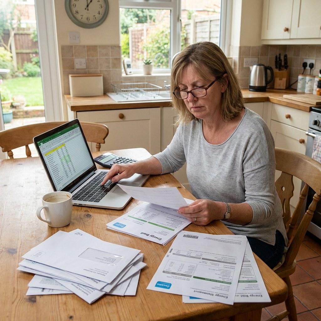 Homeowner reviewing financial paperwork at a kitchen table