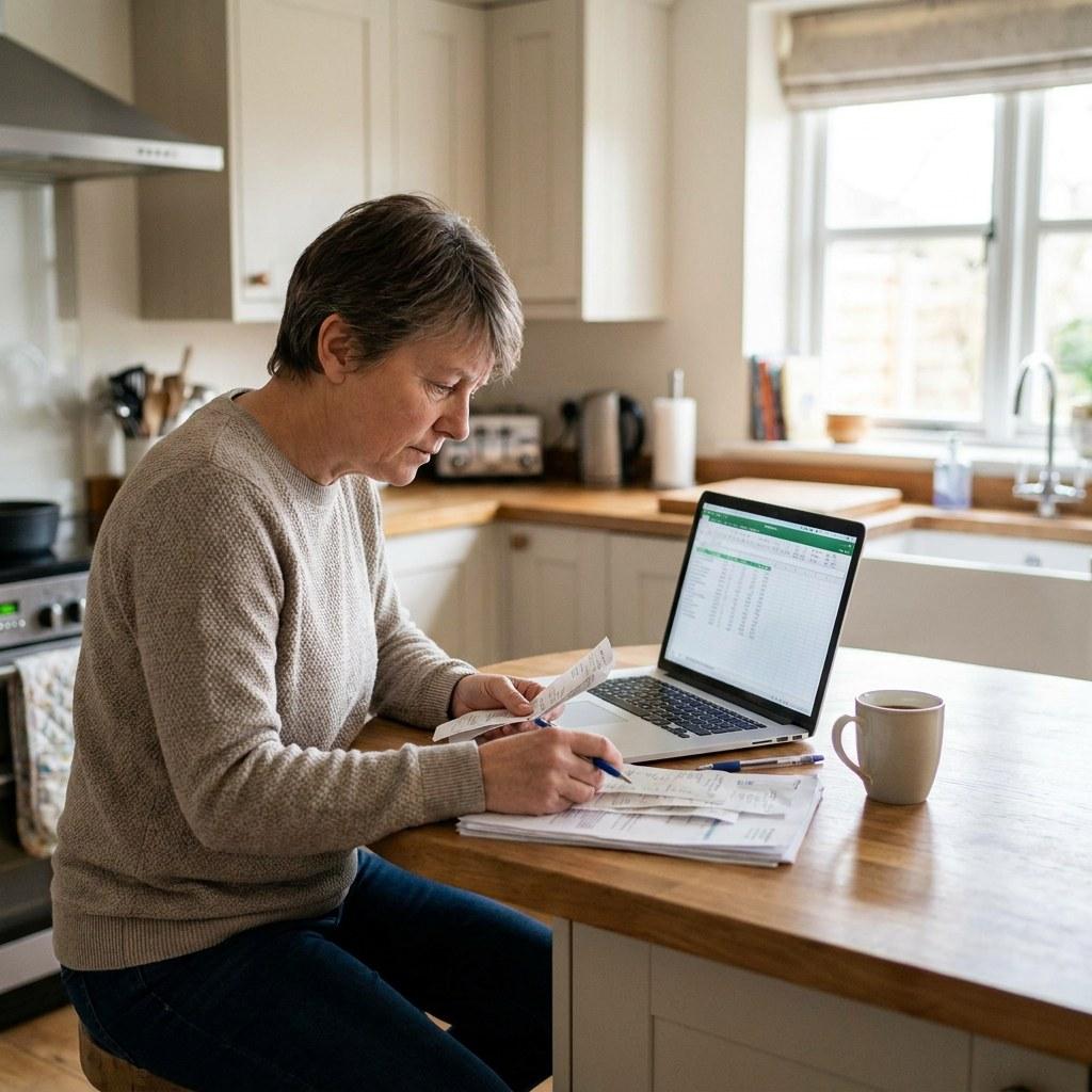 Homeowner reviewing financial documents and home equity options at a kitchen island