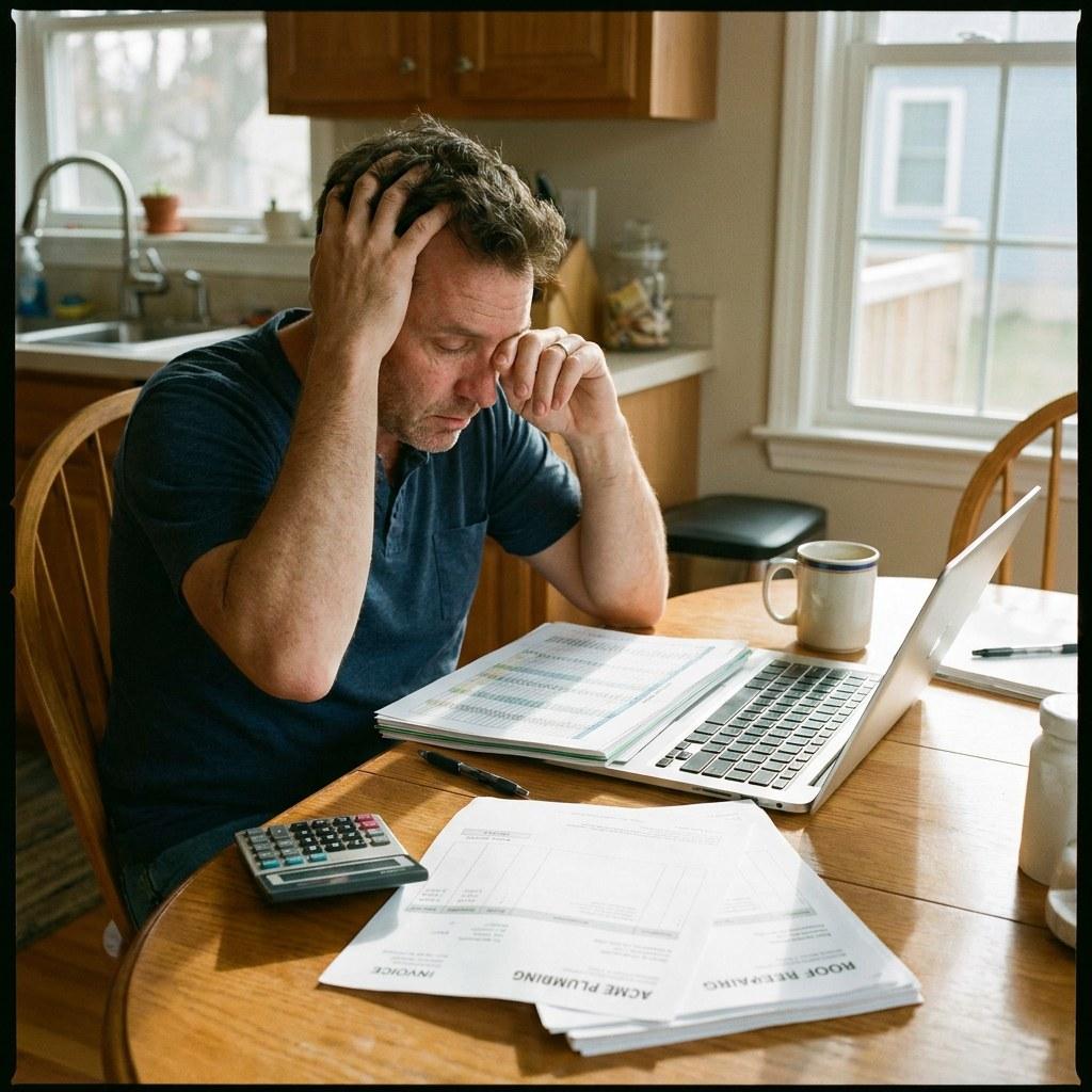 A homeowner calculating maintenance costs with a notepad and tablet