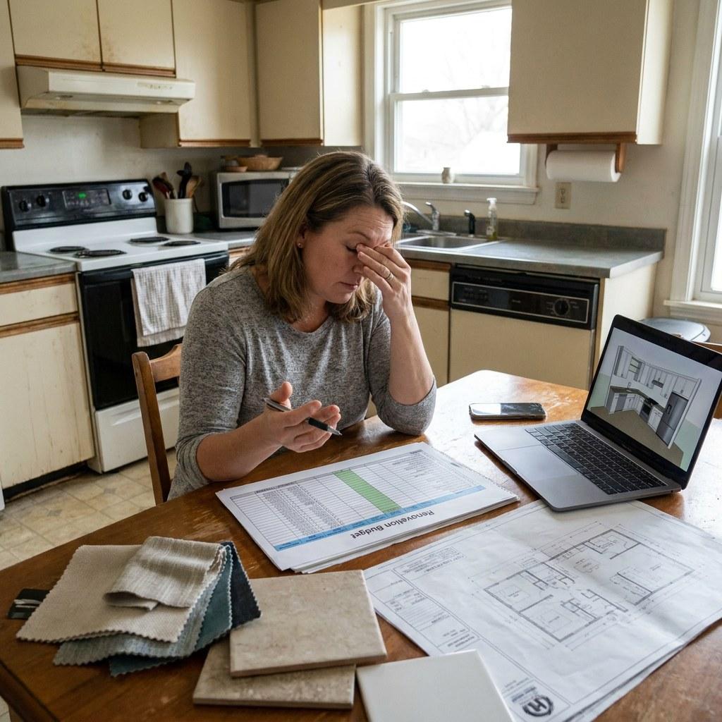 A homeowner reviewing renovation costs and architectural plans at a kitchen table