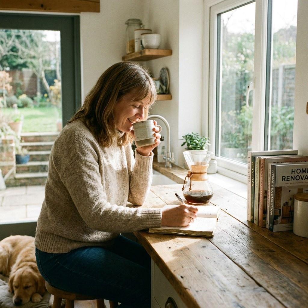 A homeowner reviewing notes calmly at a clean kitchen counter