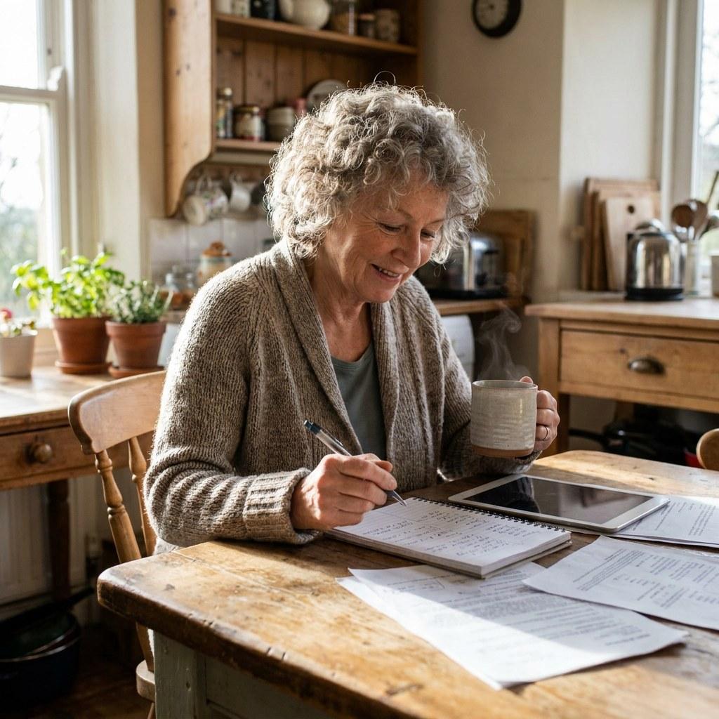 A homeowner reviewing notes calmly at a kitchen table
