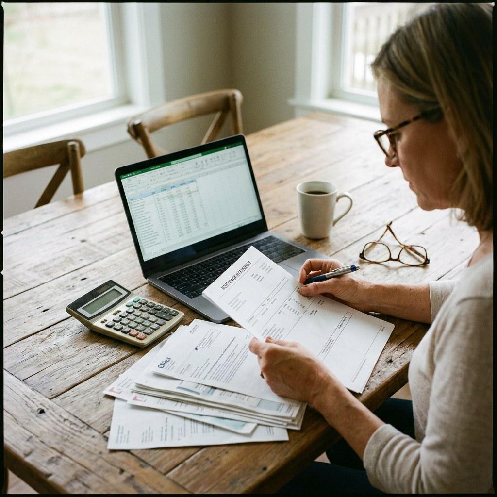 Homeowner reviewing financial documents and a calculator at a dining table