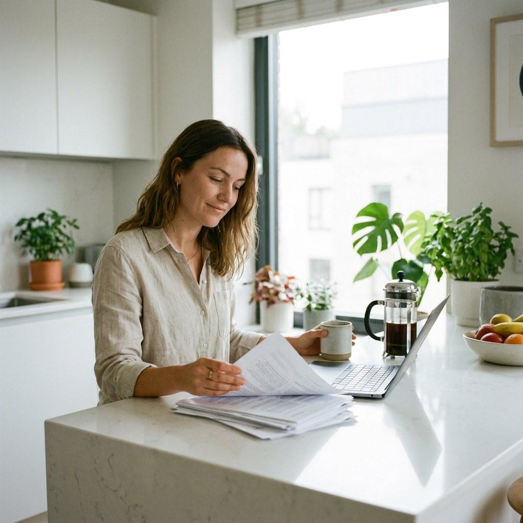 Homeowner reviewing home maintenance records in a quiet bright kitchen