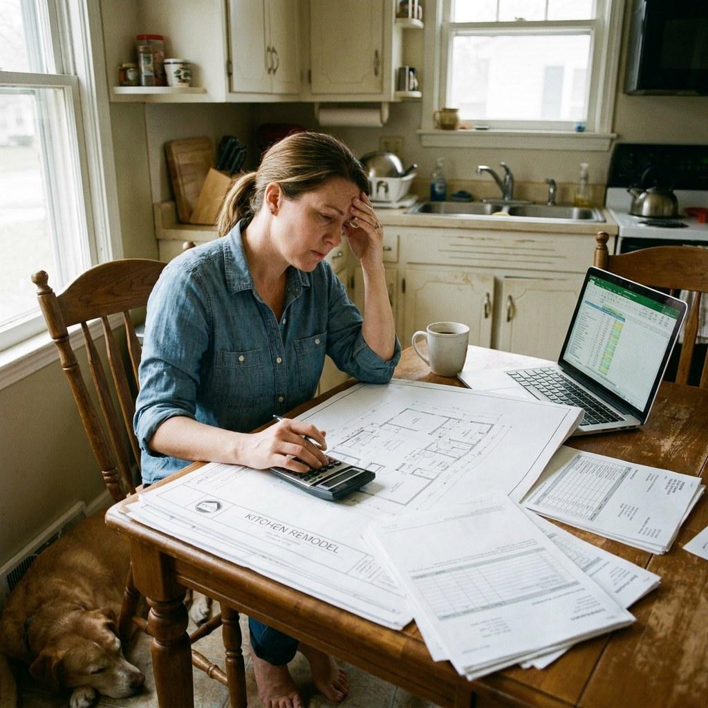 A homeowner reviewing renovation plans and budgeting paperwork at a kitchen table