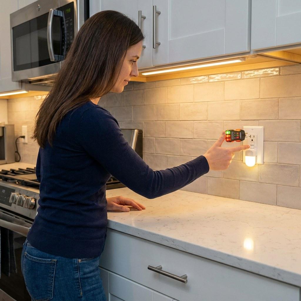A homeowner pressing the test button on a kitchen GFCI outlet