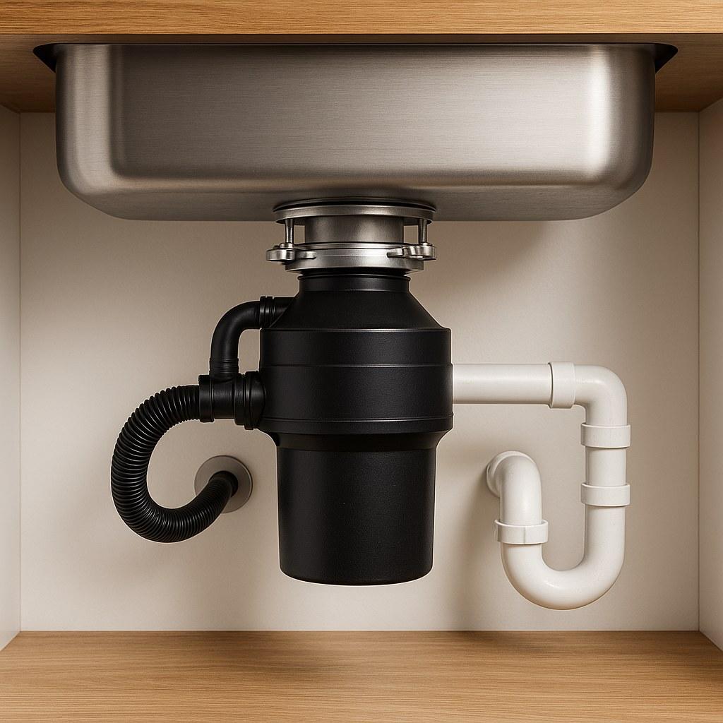 A view under a kitchen sink showing a garbage disposal unit and its plumbing.