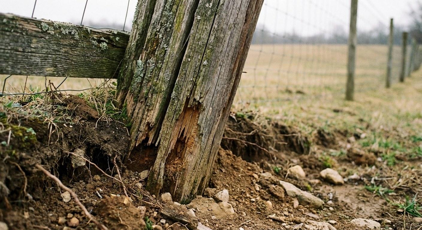 A wooden fence post leaning to one side with cracked soil around the base