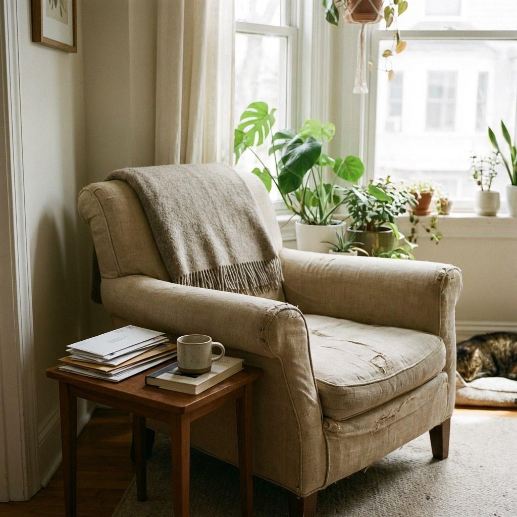 A calm, organized living space reflecting peace of mind in homeownership
