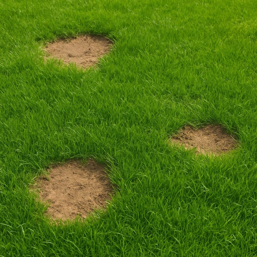 A lawn with several bare patches needing repair