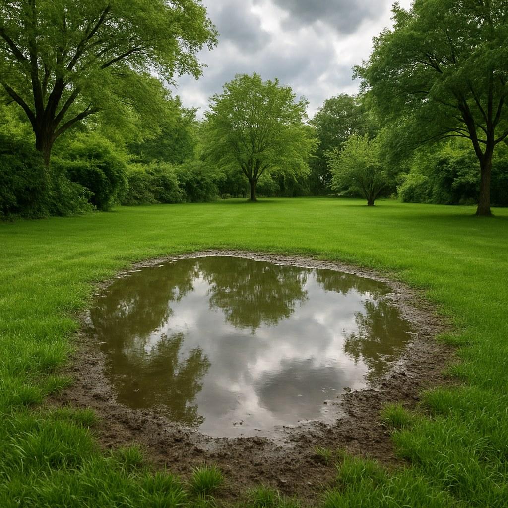 A large puddle of standing water on a green lawn after rainfall