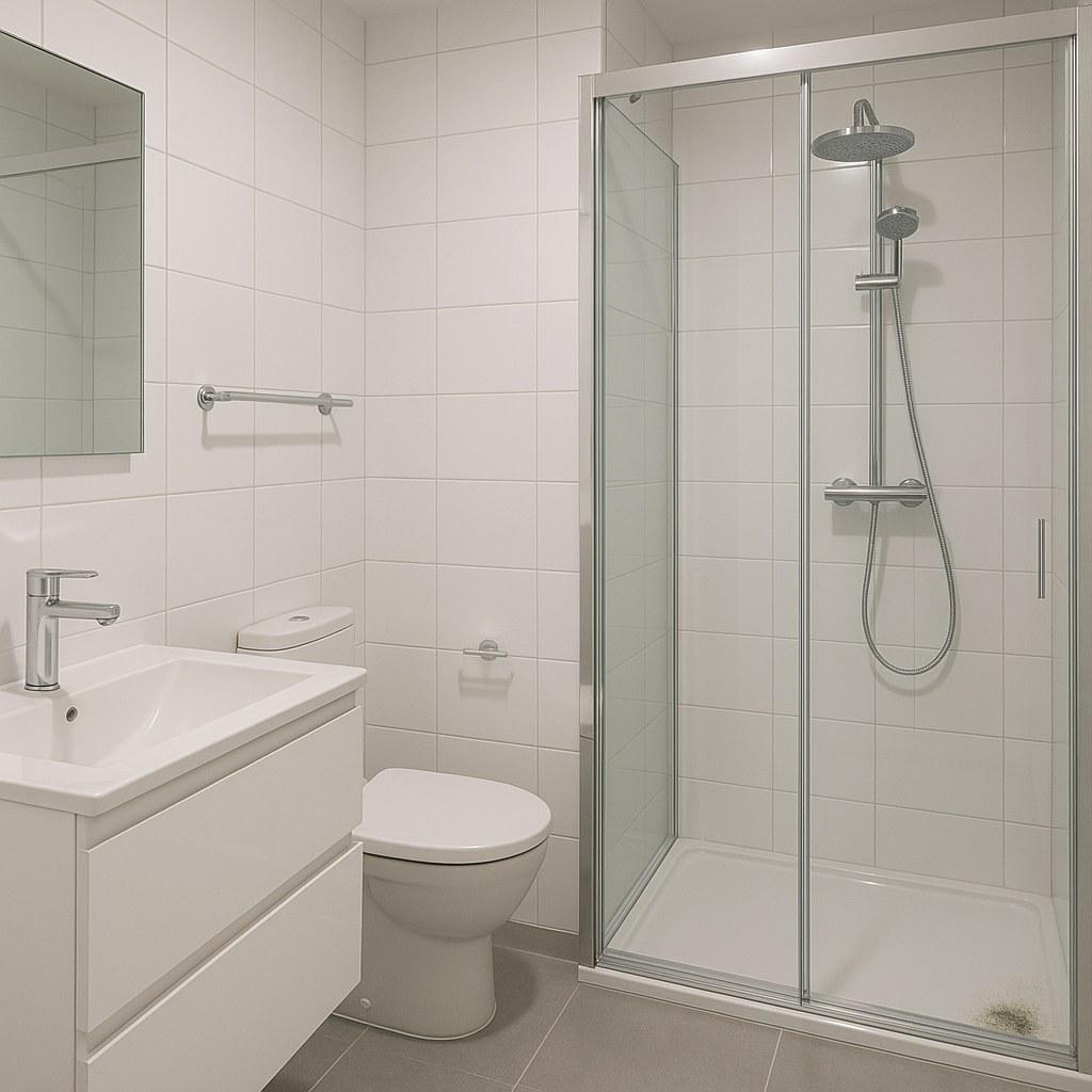 A small patch of mold growing on the grout lines of a bathroom shower tile.