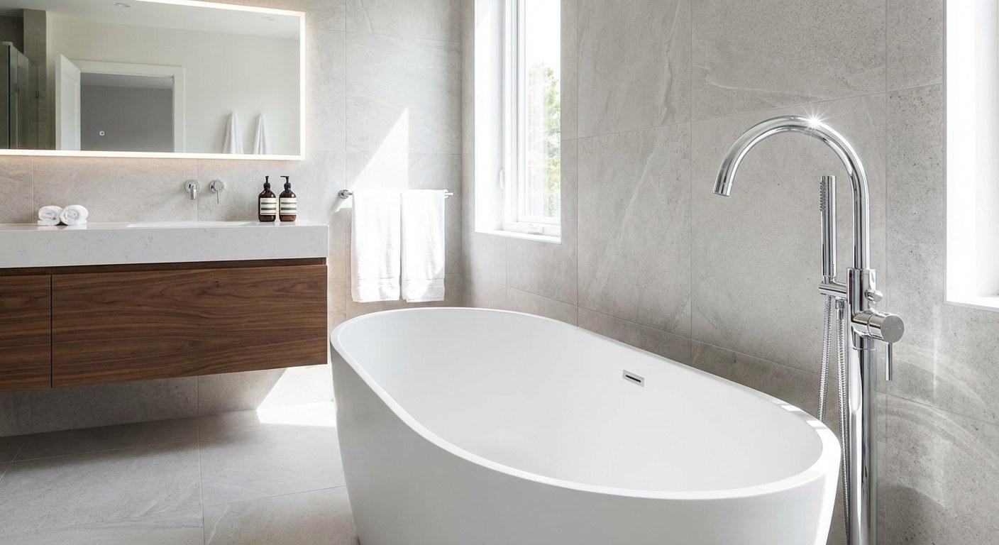 A close-up of a modern chrome bathtub spout running water