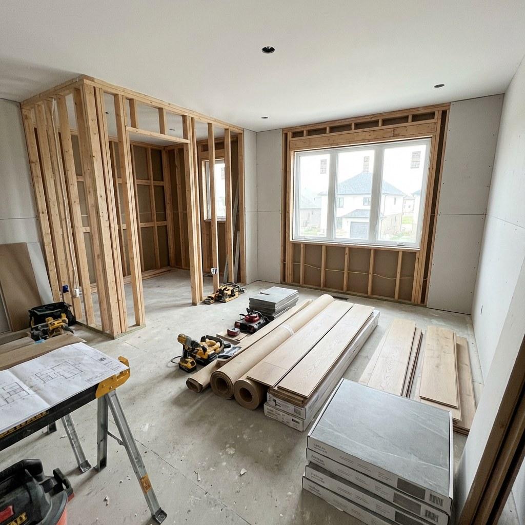 A bedroom under construction showing new closet framing and flooring materials