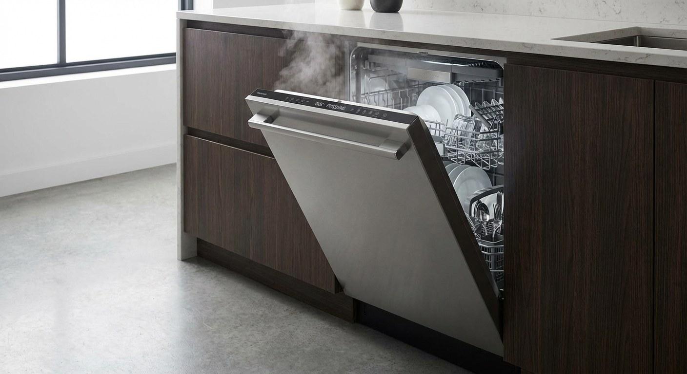 Close up of a dishwasher control panel in a modern kitchen