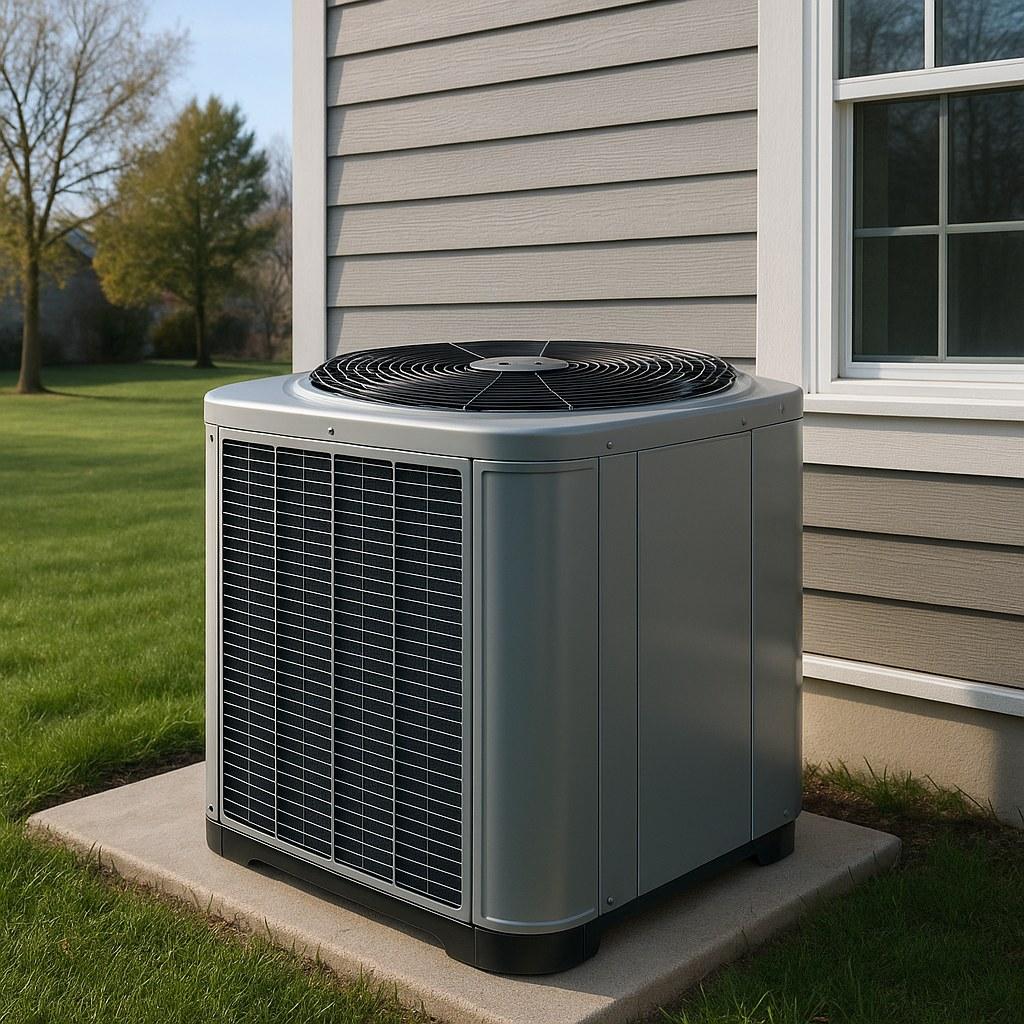 An outdoor heat pump condenser unit next to a house.