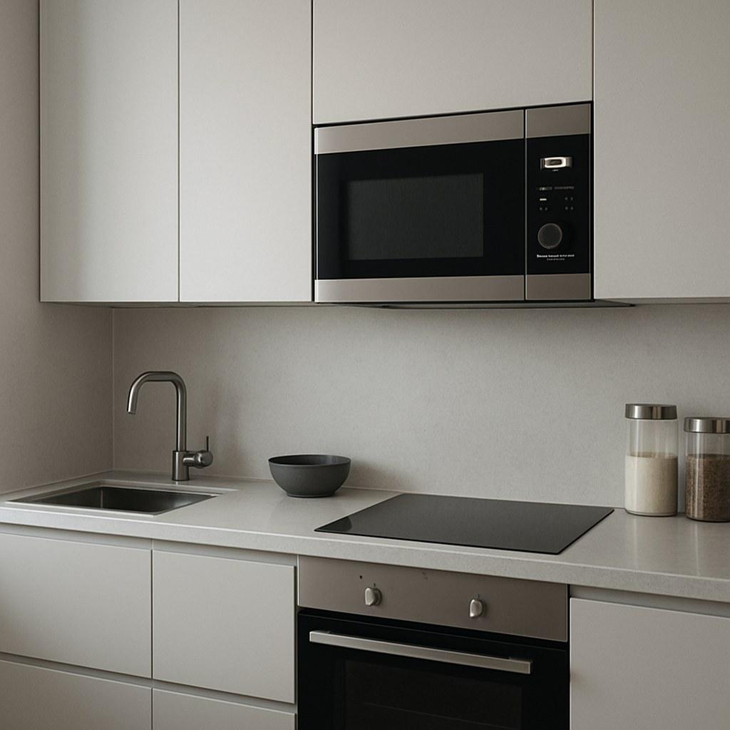 A microwave with a dark interior because the light is not on.