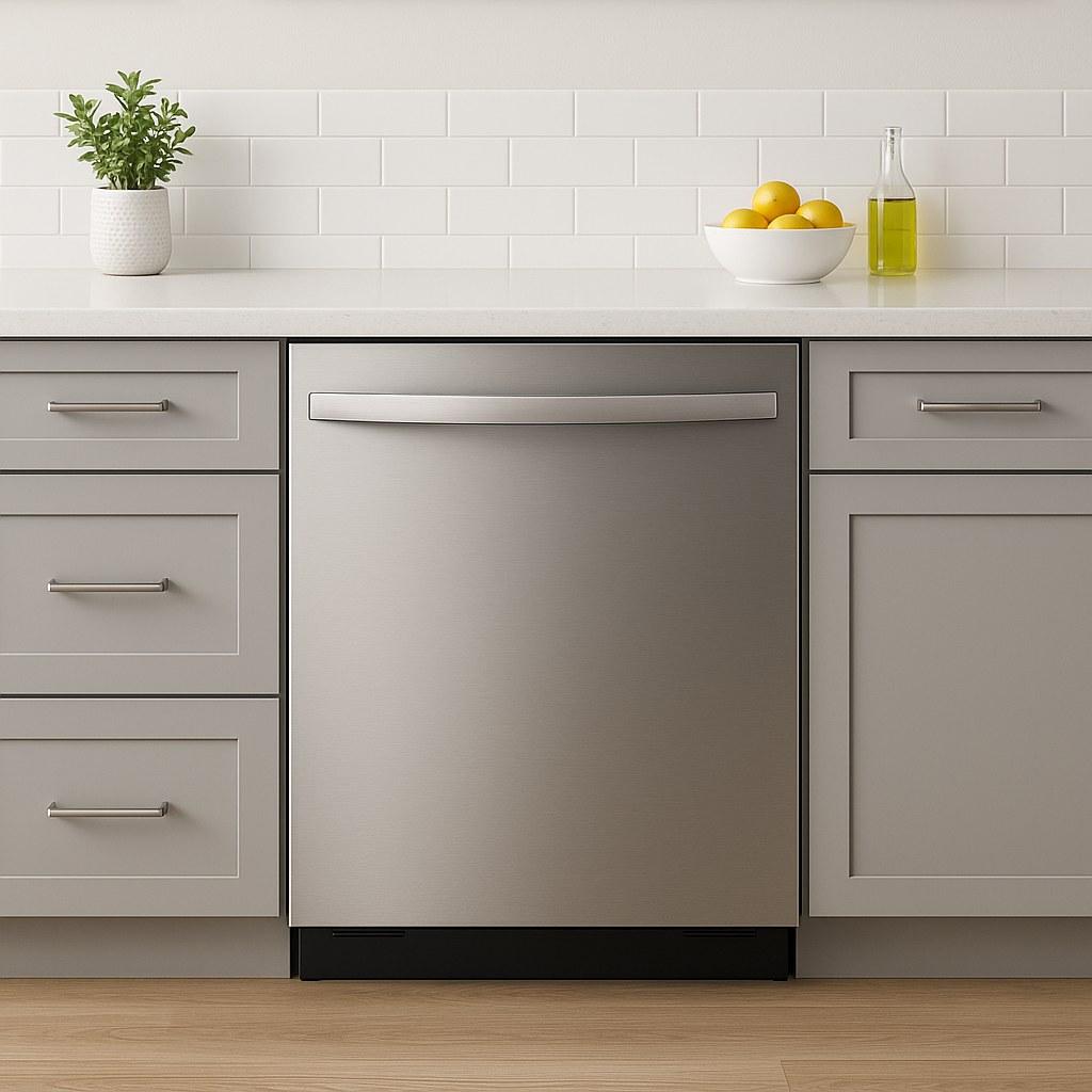 A sleek, modern dishwasher installed in a kitchen cabinet.