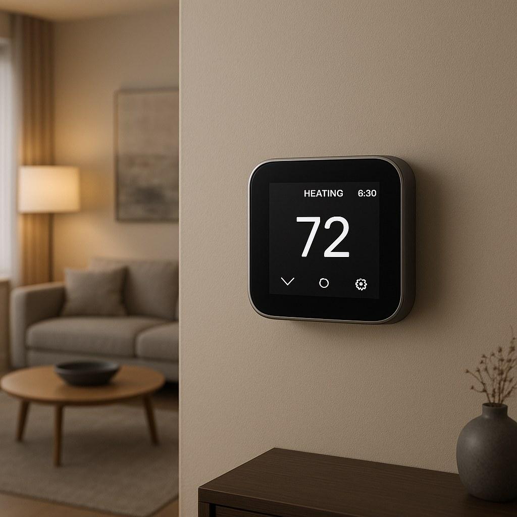 A newly installed smart thermostat displaying the temperature.