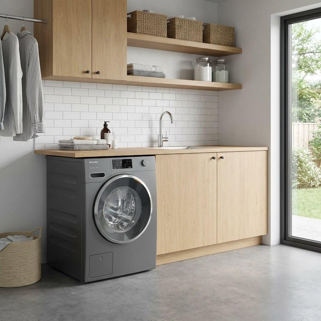 A washing machine with its door open in a well-lit laundry room