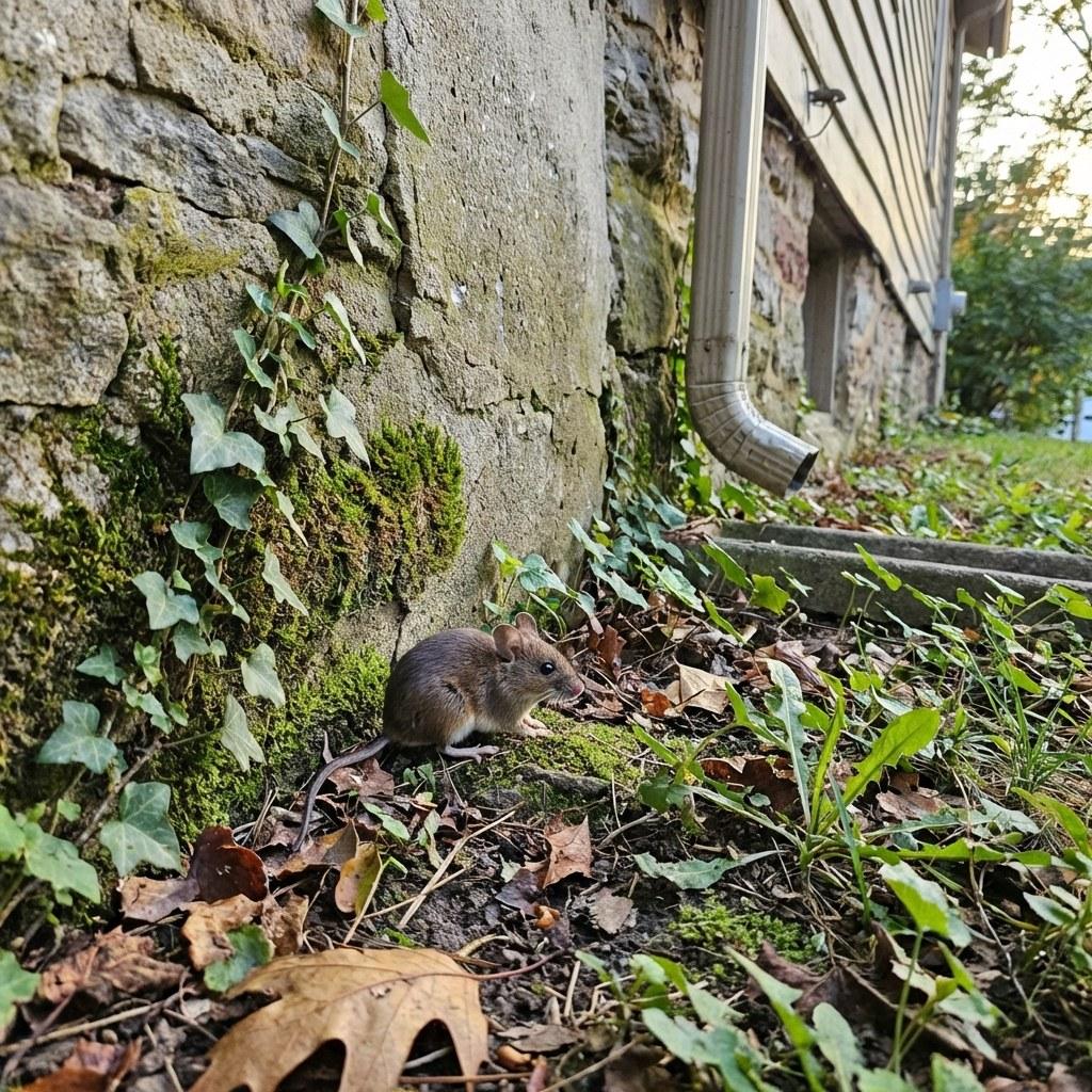 A small field mouse sitting near a brick house foundation