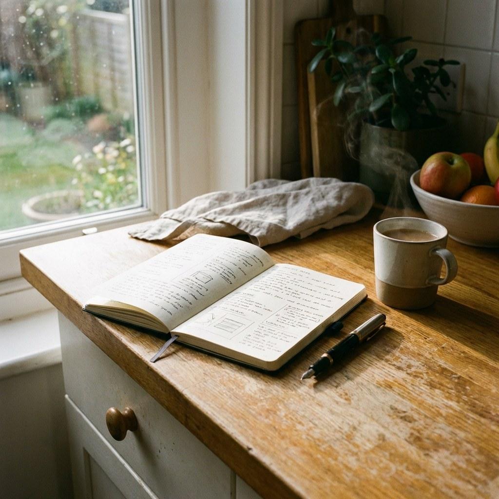 A notebook and coffee on a kitchen counter, representing organized home planning