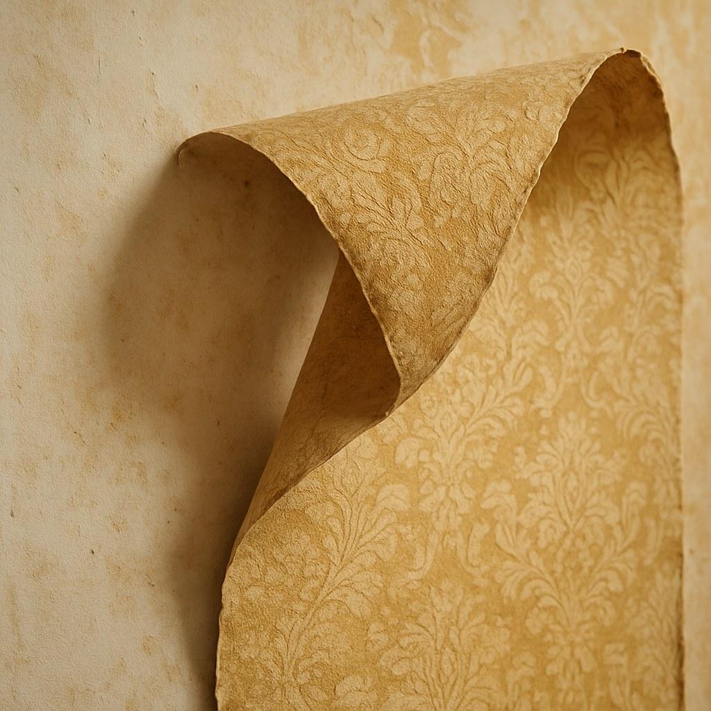 A person peeling old wallpaper off a wall