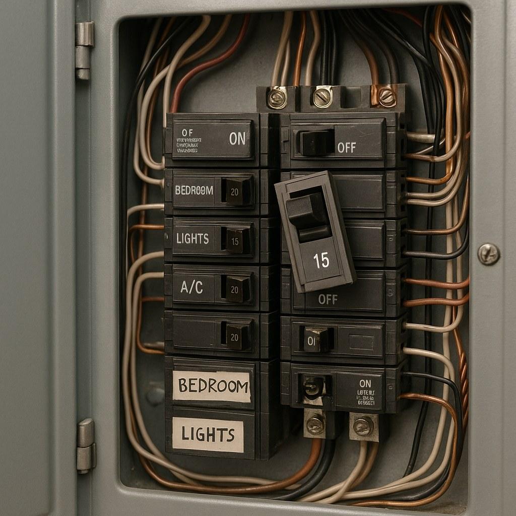 A person's hand pointing to a wobbly circuit breaker inside an open electrical panel