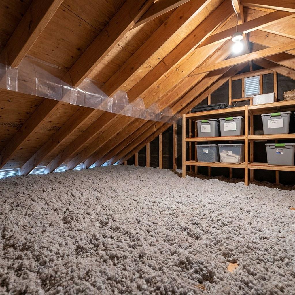 An organized attic space showing newly installed insulation and ventilation baffles along the roofline