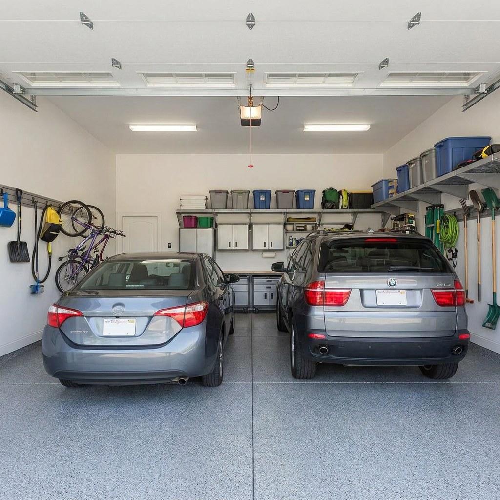 A brightly lit residential garage featuring organized wall storage cabinets and a clean concrete floor
