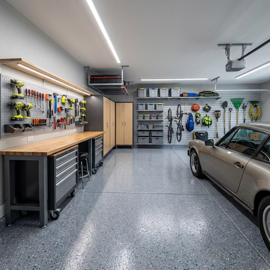 A well-organized two-car garage with durable workbenches, wall-mounted tool racks, and sealed concrete flooring