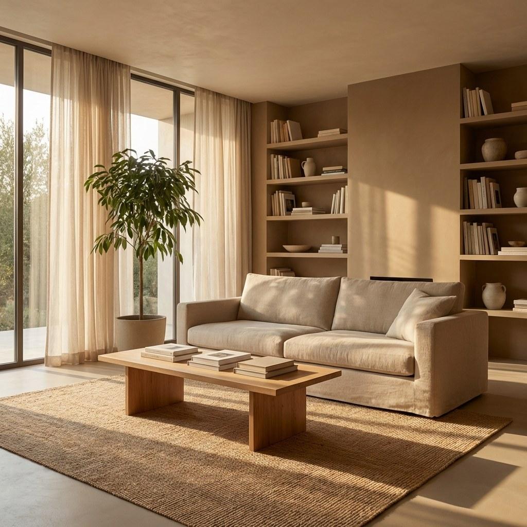A well-lit, organized living room representing peaceful homeownership