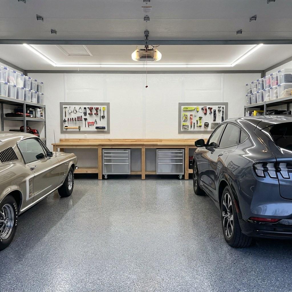 A well-organized attached garage featuring sealed concrete floors built-in cabinets and bright overhead lighting