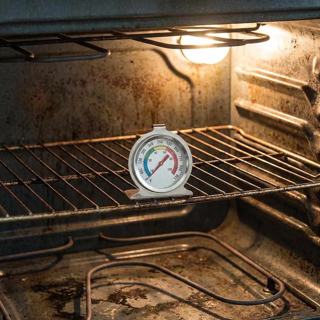An oven thermometer resting on an oven rack to check the internal temperature