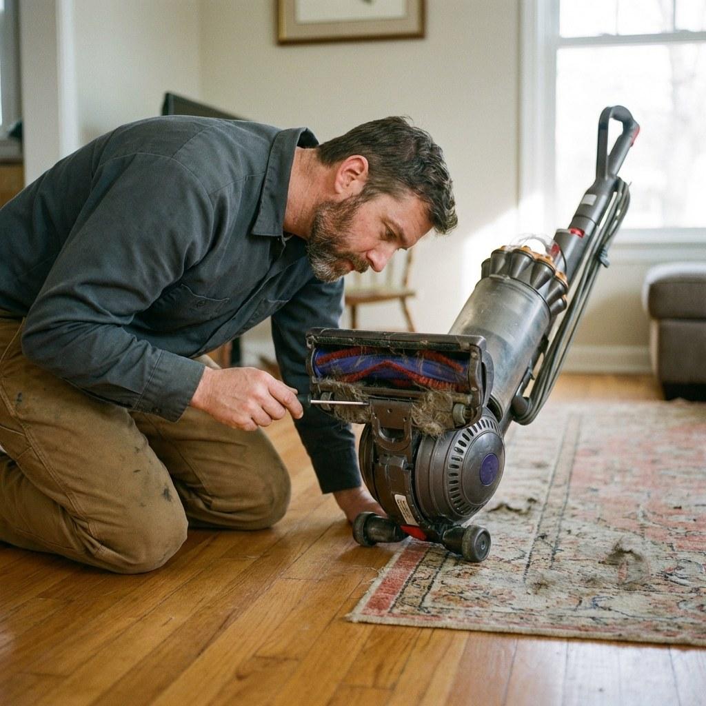 A homeowner inspecting the bottom brush roll of an upright vacuum cleaner