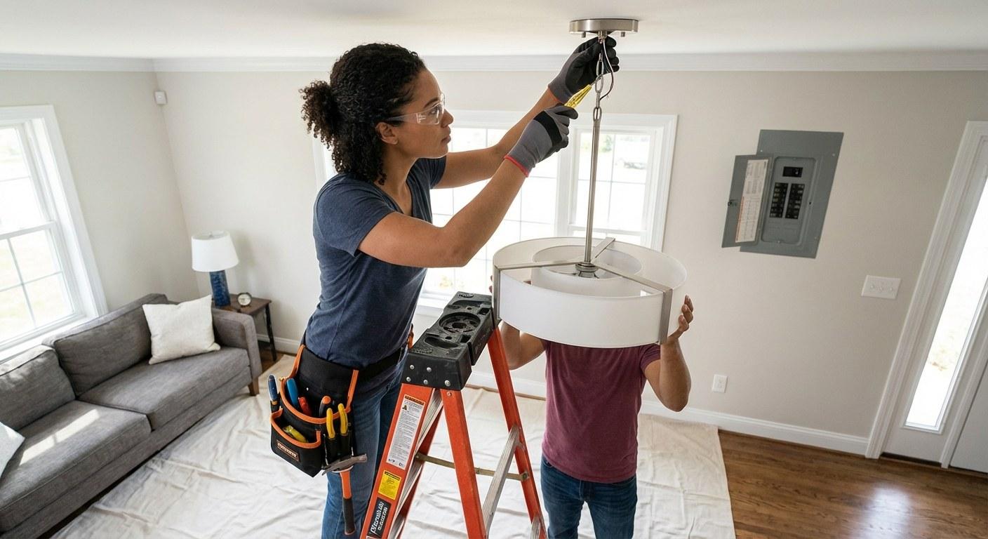 A person on a stepladder carefully installing a new ceiling light fixture.