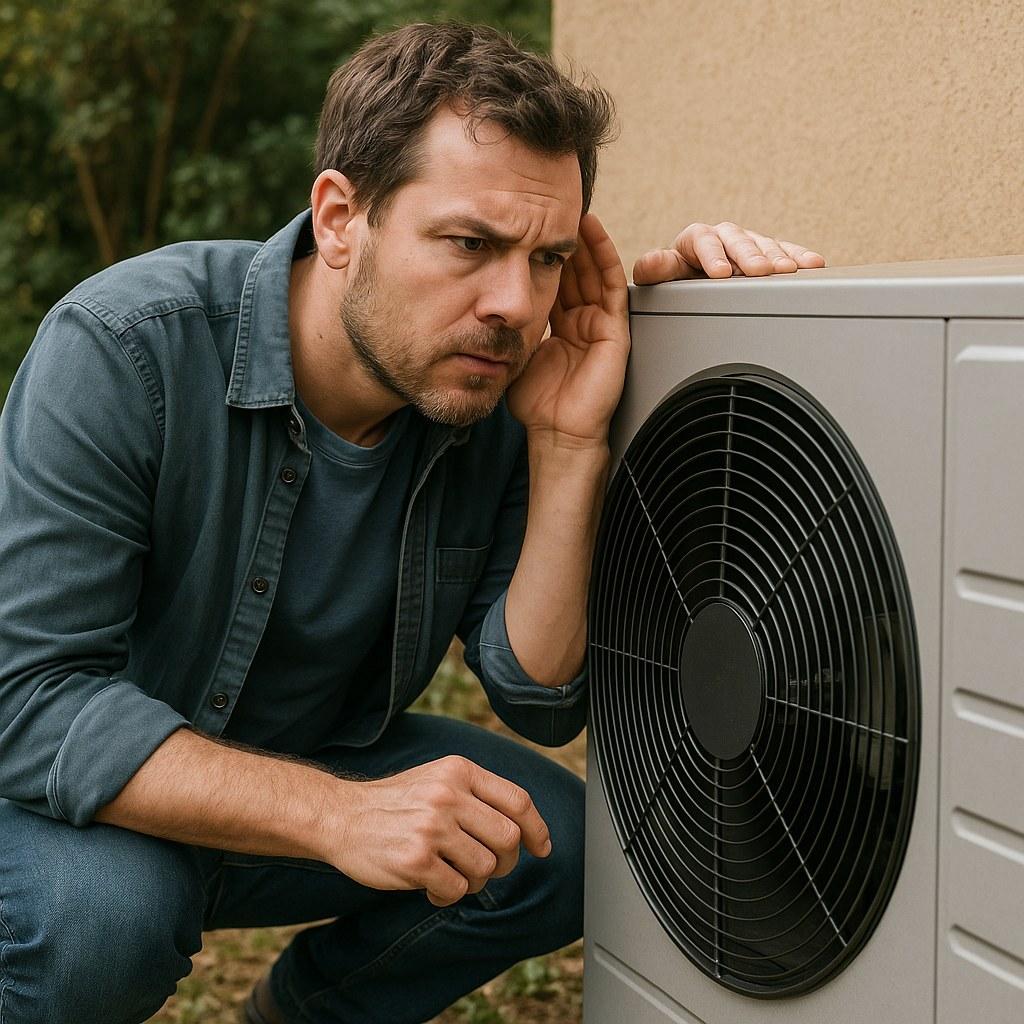 A homeowner troubleshooting a noisy outdoor heat pump unit.
