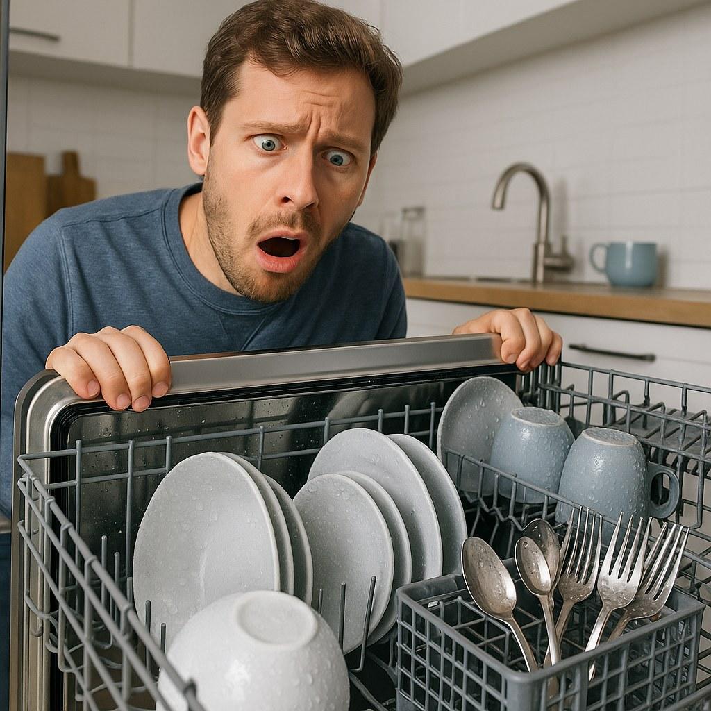 A dishwasher full of wet dishes after a cycle