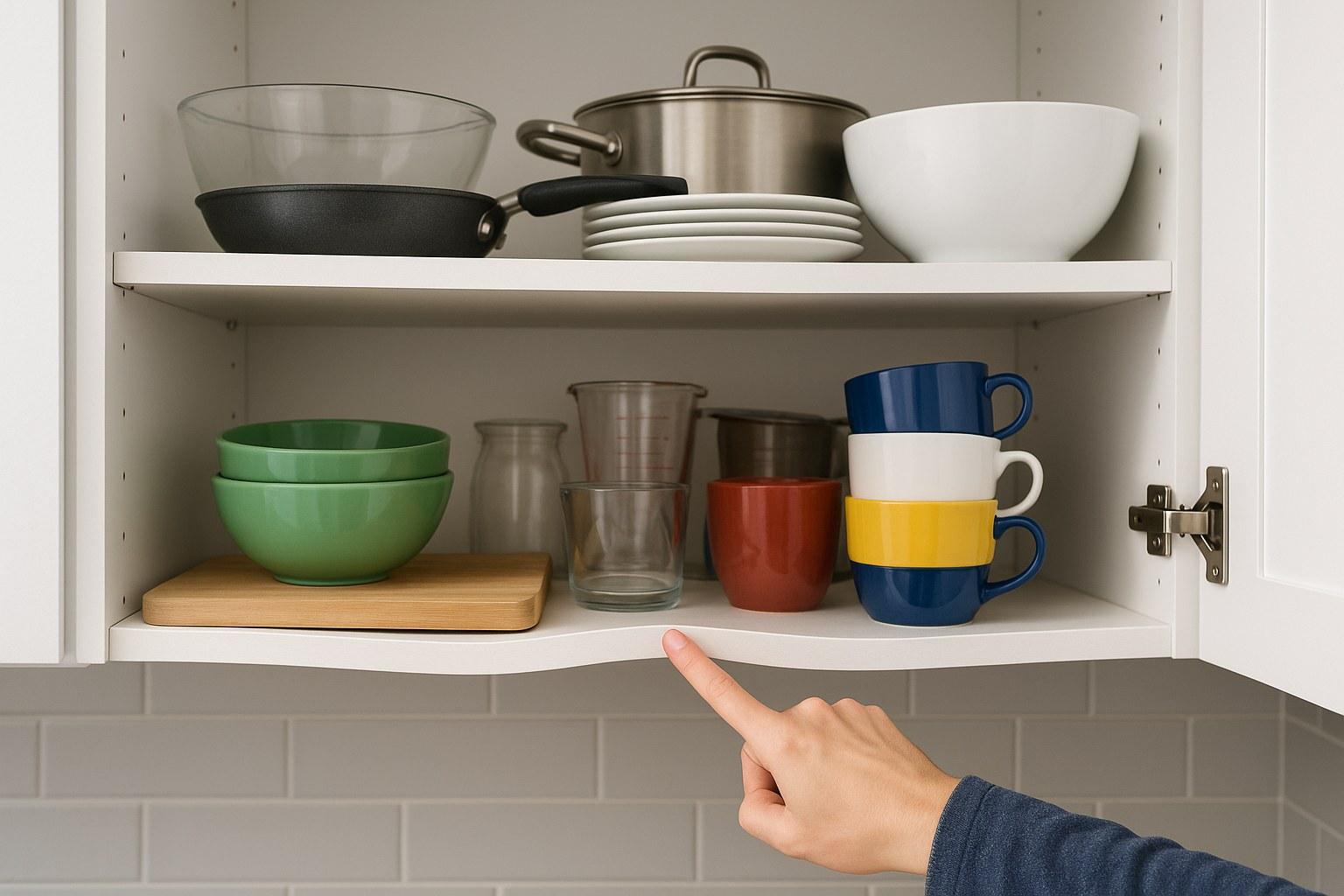 A wooden cabinet shelf visibly sagging in the middle under the weight of heavy dishes.