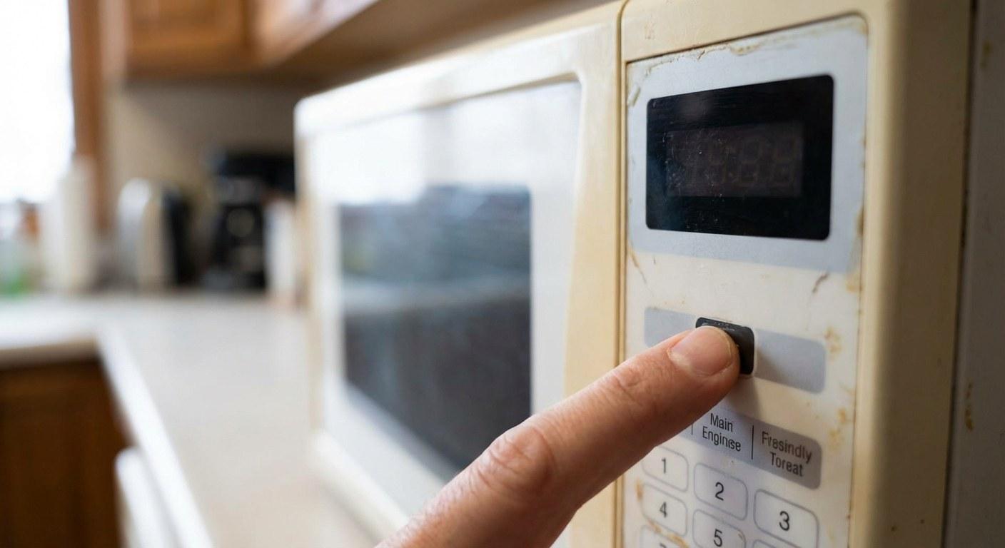 A person's finger pressing a button on a microwave control panel