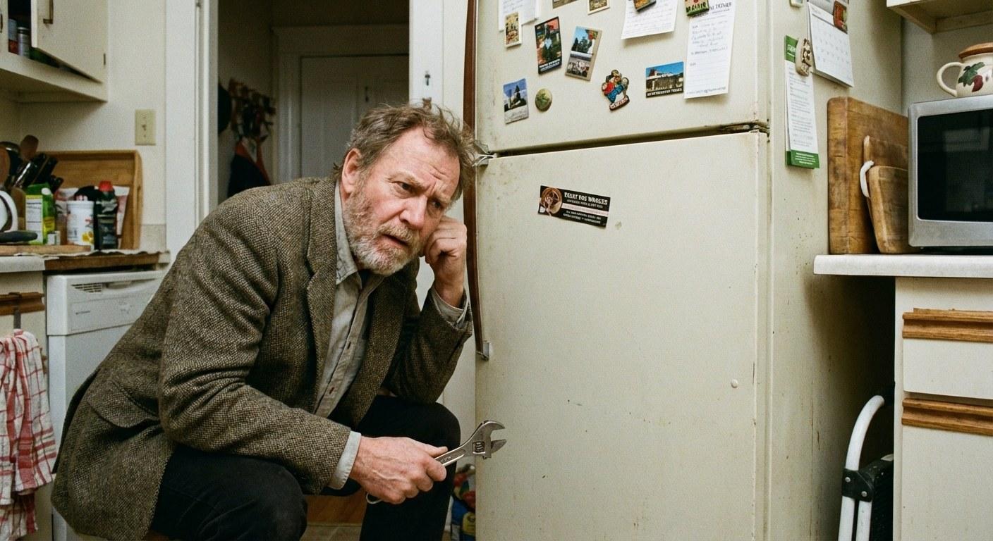 A person listening to a loud refrigerator with a concerned expression.