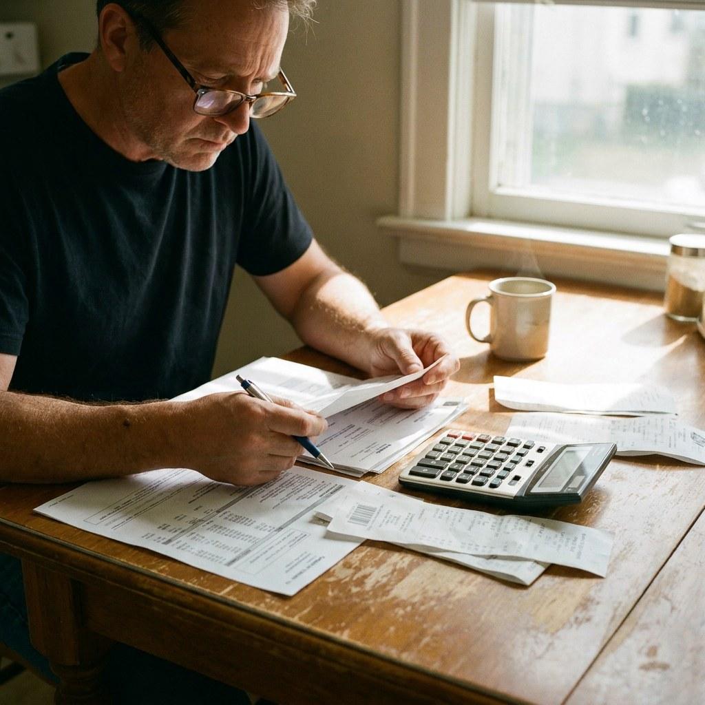 Person reviewing mortgage documents and using a calculator at a table
