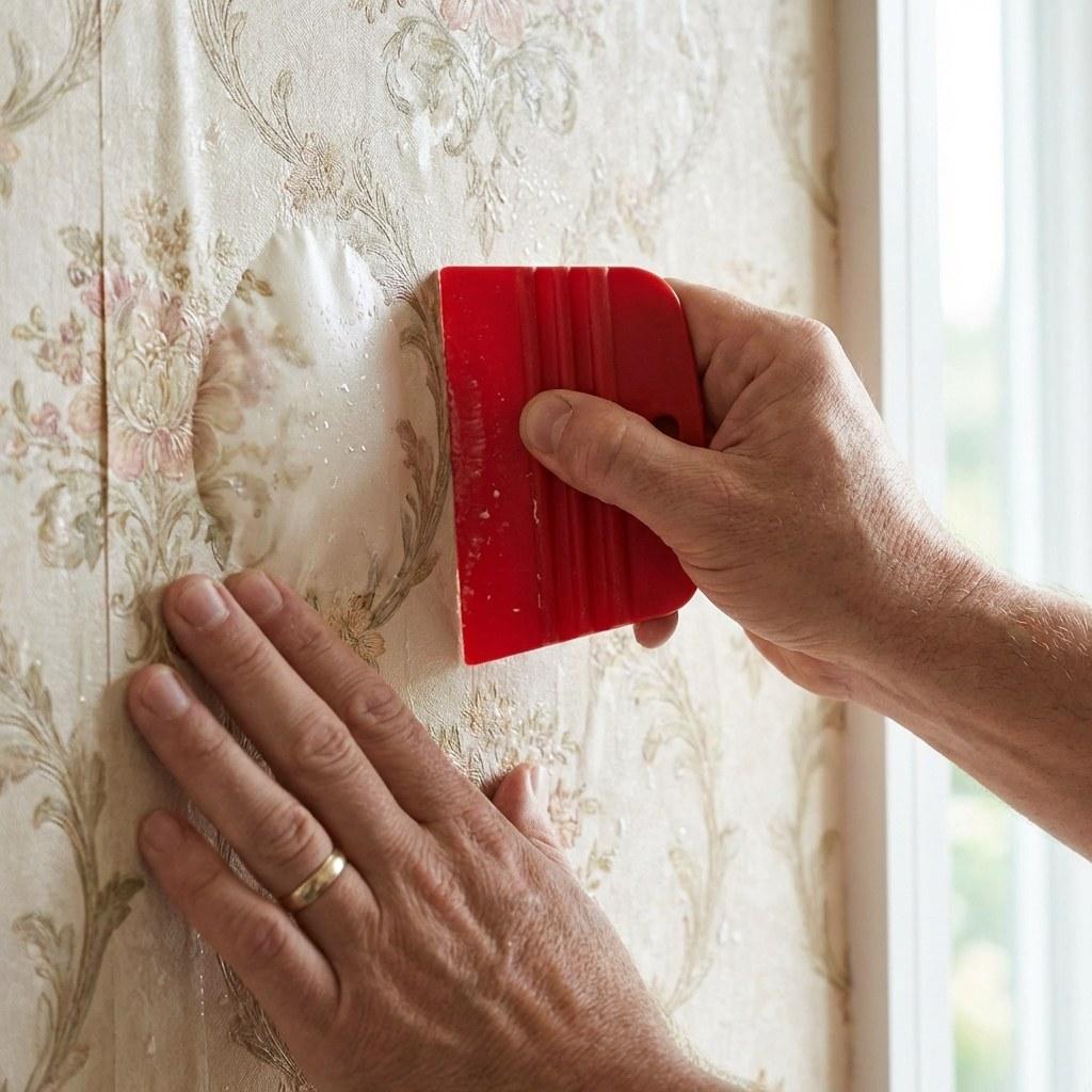 Person smoothing out a wallpaper bubble